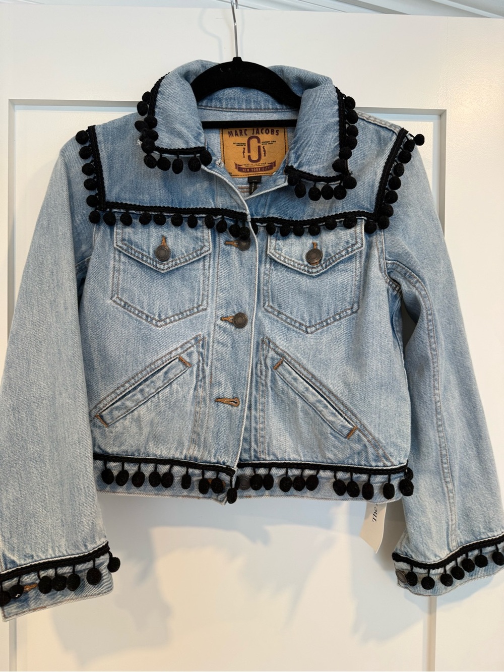 Marc Jacobs Light Blue Denim Jacket with Black Pom Trim